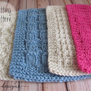 May include: Three knitted dishcloths in different colors: blue, white, and pink. The dishcloths have a textured pattern and are made with a simple stitch. The dishcloths are stacked on top of each other, with the blue dishcloth on the bottom and the pink dishcloth on the top. The image includes the text "Knitting Pattern".