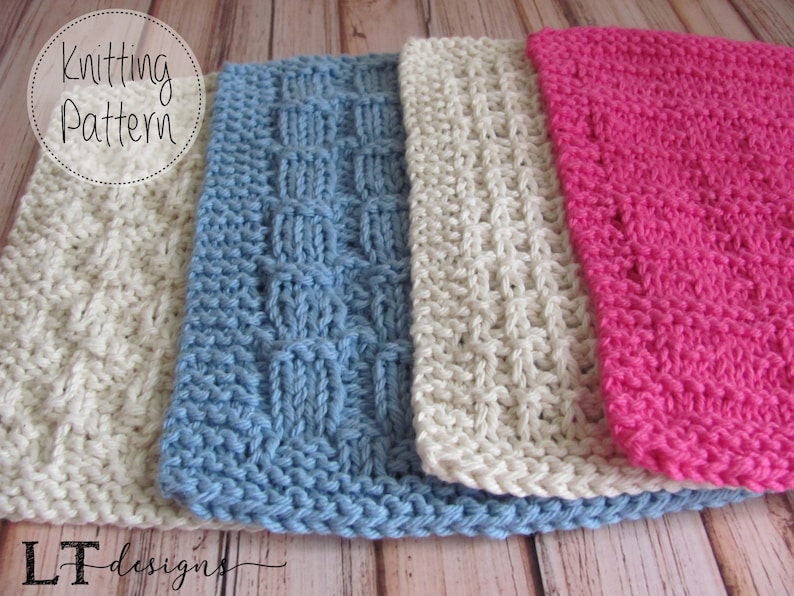 May include: Three knitted dishcloths in different colors: blue, white, and pink. The dishcloths have a textured pattern and are made with a simple stitch. The dishcloths are stacked on top of each other, with the blue dishcloth on the bottom and the pink dishcloth on the top. The image includes the text "Knitting Pattern".