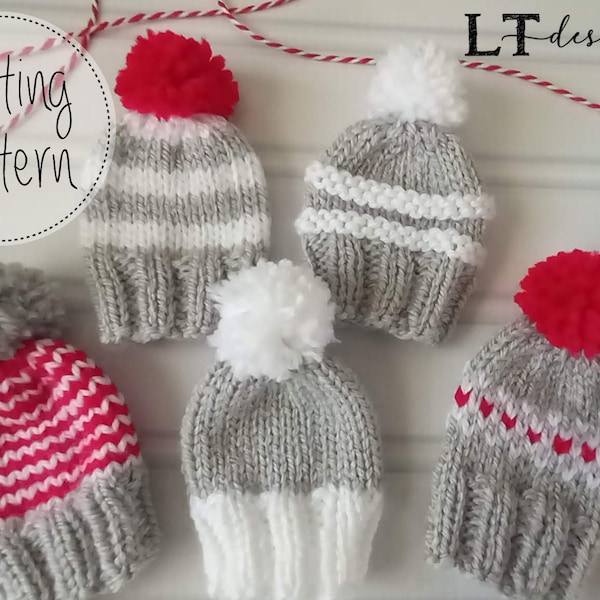 LIttle Hat Ornament Group, 5 Styles,  Knitting Pattern, knit in the round, DK yarn,  PDF file - Instant Download