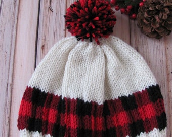 Buffalo Plaid Beanie with Pom Pom PATTERN - 3 Sizes - Adult, Child and Toddler - PDF File  Knitting Pattern