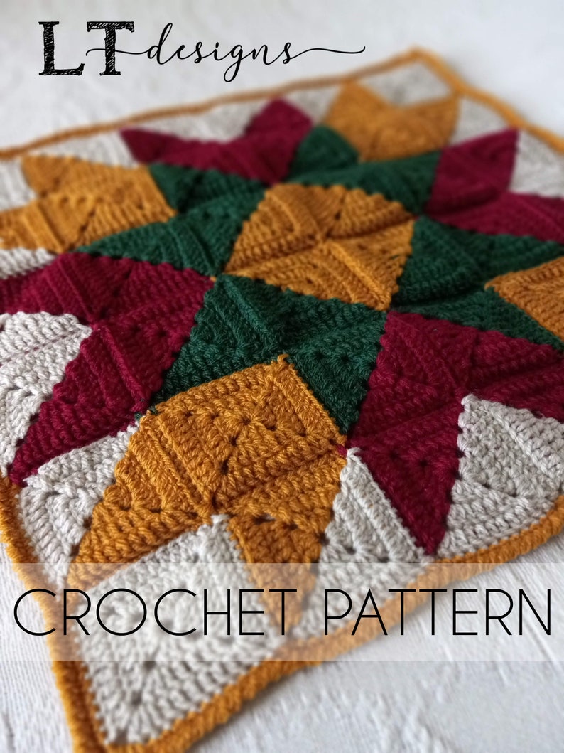 May include: Crochet pattern for a colorful star-shaped blanket in shades of red, green, yellow, and white. The pattern is called "LT Designs Crochet Pattern".