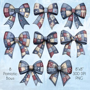 May include: A collection of eight patriotic bows in various designs. Each bow features a patchwork pattern in shades of blue, red, and cream, with star accents. The bows are digitally rendered and suitable for crafting or design projects.