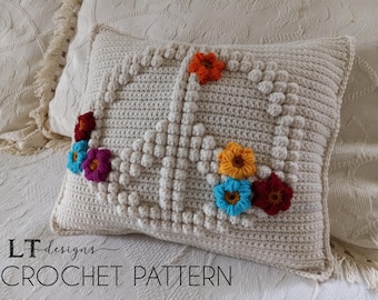 Peace Sign Bobble Stitch Crochet Accent Pillow Pattern - Worsted Weight yarn - PDF pattern - Instant Download - Home - Boho