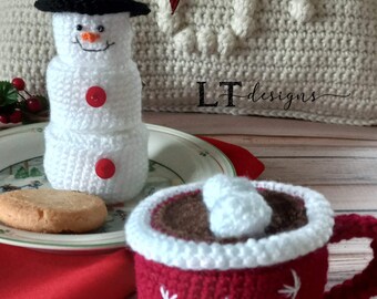 Hot Cocoa Mug and Marshmallow Snowman, Amigurumi Crochet Pattern, Ornament, DK yarn,  PDF file - Instant Download