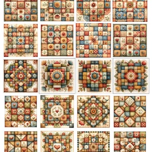 Könnte beinhalten: Eine Sammlung von 20 quadratischen Quilt-Designs, jedes mit einem einzigartigen Patchwork-Muster. Die Quilts zeigen eine Vielzahl von floralen und geometrischen Motiven in einer Palette warmer, erdiger Töne, darunter Rot-, Blau- und Grüntöne. Jeder Quilt ist ein Miniatur-Kunstwerk.