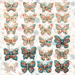Conjunto de imágenes prediseñadas de mariposas acolchadas – PNGs de patchwork / 300 DPI / Estilo de tela cottagecore