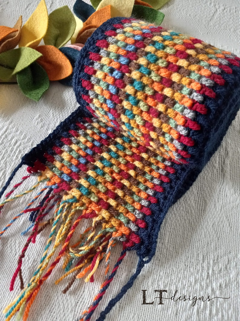 May include: A colorful crocheted scarf with a navy blue border and long fringe. The scarf is made with a variety of colors, including red, orange, yellow, green, blue, and brown.