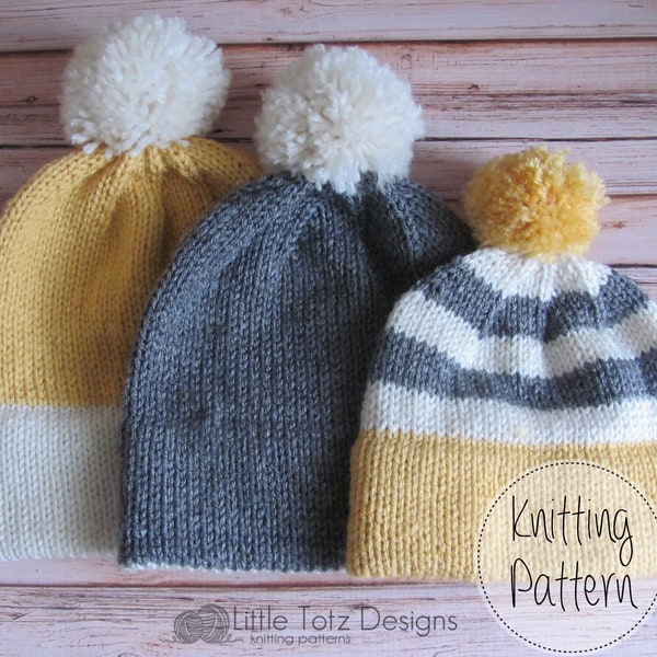 Double Brim Knit Hat PATTERN - 3 Sizes - Adult, Child and Toddler - PDF File  Knitting Pattern