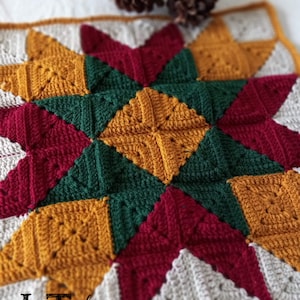 May include: A crocheted square with a star design in shades of red, green, gold, and white. The square is framed with a brown border. The text "LT Designs" is visible in the bottom left corner.