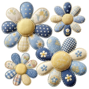 Blue and Yellow Patchwork Flower Clipart Set,  PNG Bundle, 300 DPI