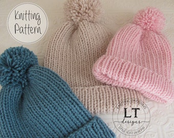 RIB Knit Hat PATTERN - 3 Sizes - Adult, Child and Toddler - PDF File  Knitting Pattern - knit in the round - easy knit - Worsted Weight Yarn