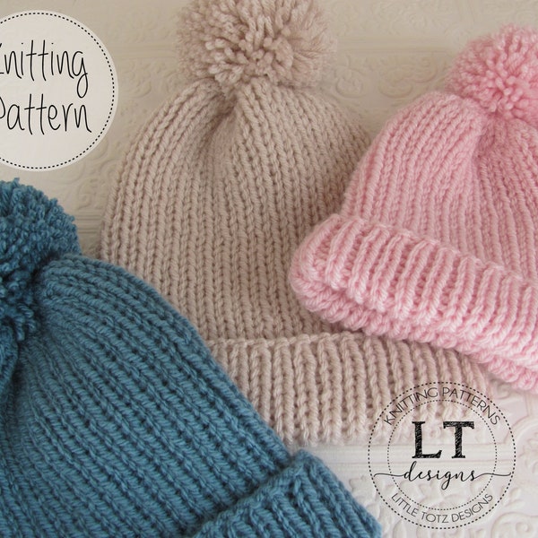 RIB Knit Hat PATTERN - 3 Sizes - Adult, Child and Toddler - PDF File  Knitting Pattern - knit in the round - easy knit - Worsted Weight Yarn