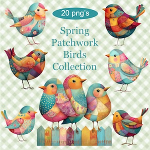 Può includere: Una collezione di uccelli colorati in stile patchwork in varie pose. Gli uccelli presentano un mix di motivi e colori, tra cui verde acqua, rosa, arancione e giallo. L'immagine include il testo "20 png's Spring Patchwork Birds Collection."