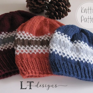 May include: Three knitted hats with different colored stripes. The hats are burgundy, orange, and blue. The hats are laid out on a white surface with pine cones in the background. The text "Knitting Pattern" is written in a circle in the upper right corner of the image. The text "LT designs" is written in cursive at the bottom of the image.