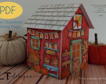 Coloring Page - Fall Barn- Luminary -  Instant Download - PDF - Printable File