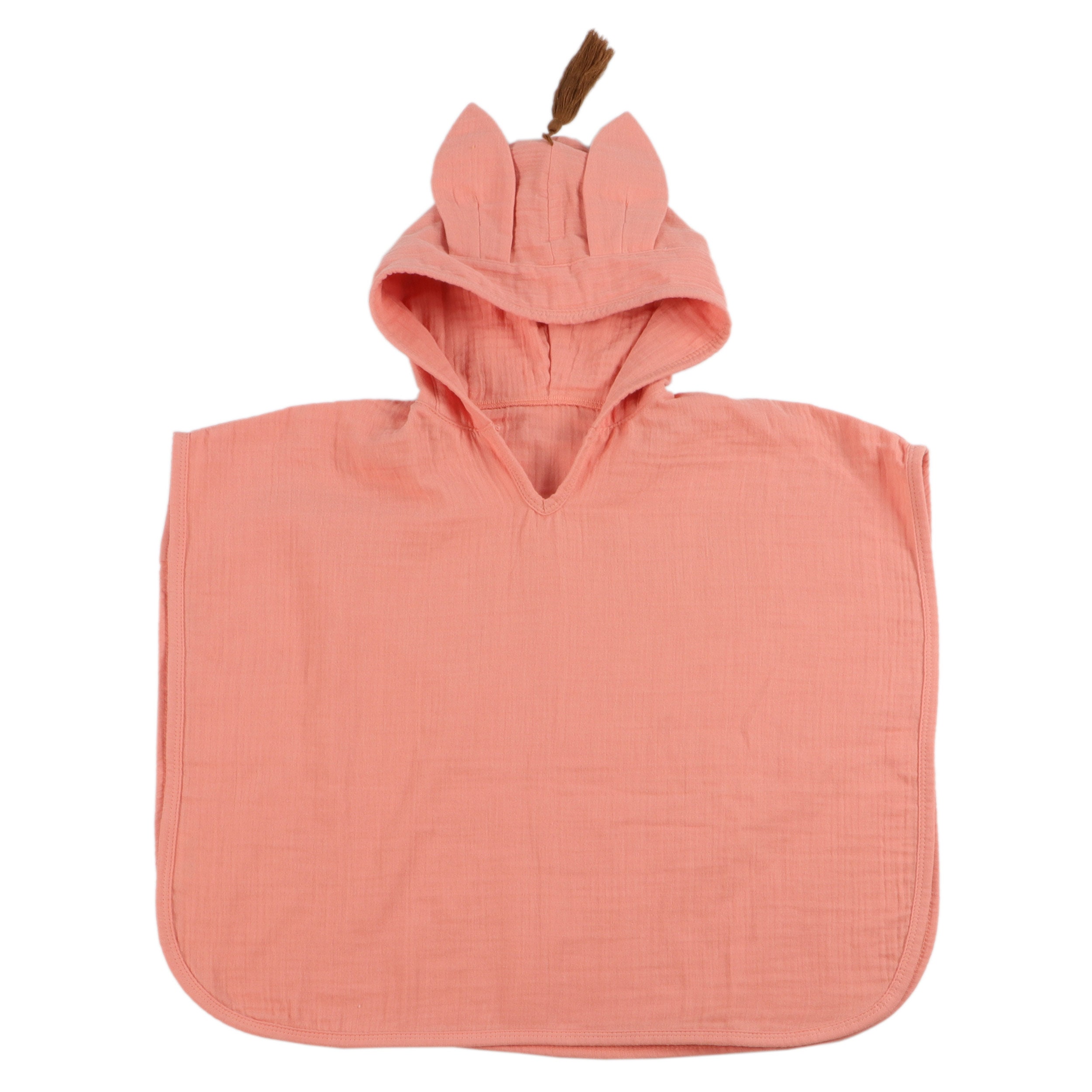 Muslin Bath Poncho Sanna, Baby Bath Poncho With Ears Hood in Coral