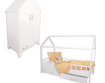 Puckdaddy house bed Carlotta 200x90 cm with drawer set  + wardrobe 110x55x187cm