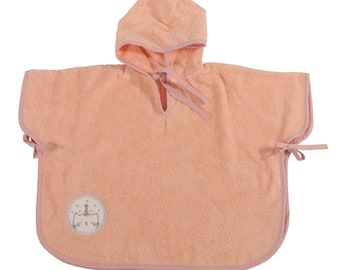 Bath poncho Caja, baby bath poncho with hood and ribbons in coral