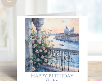Personalised Venice Balcony Birthday Card: Watercolor Waterways - Age and Relation