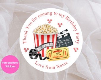 Personalised Movie Cinema Film Theme Thank You For Coming to my Birthday Stickers - Party Bag/Cone - 12 stickers a sheet (3 DESIGNS)