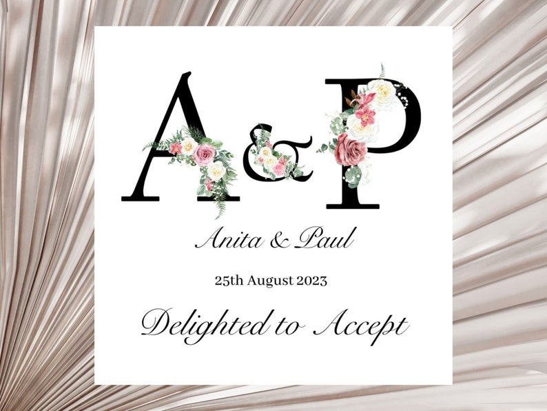 Personalised Pink & White Flower Wedding Initials Wedding Acceptance Card Elegant Bride and Groom Initials Wedding Acceptance image 2