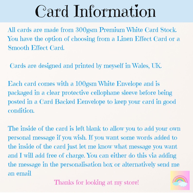 Może przedstawiać: Tekst na niebieskim tle z białym tekstem opisującym informacje o karcie. Tekst m&oacute;wi "Card Information" dużą czcionką u g&oacute;ry. Tekst opisuje dalej papier użyty do wykonania karty, kopertę i opcje personalizacji. Tekst kończy się słowami "Dziękuję za odwiedzenie mojego sklepu!"