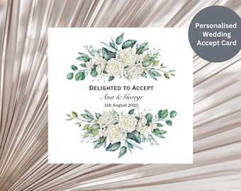 Personalised Elegant White Roses Wedding Acceptance Card - Elegant Wedding RSVP Card