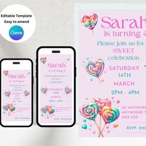 EDITABLE Birthday Invitation Template DIGITAL DOWNLOAD Pink Candy Lollipops Birthday Invitation - Candy Lollipop Birthday Invite - Any Age