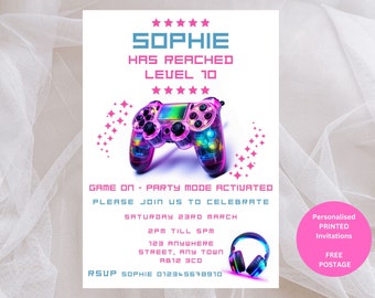 Personalised Cute Girl Video Gaming Invitations, Gamer Birthday Invite, PRINTED with or without envelopes, Video Game Themed Party Invite