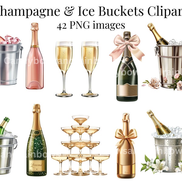 Elegant Champagne & Ice Buckets Clipart - Wedding Champagne PNG Clipart - For Commercial Use