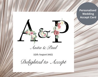 Personalised Pink & White Flower Wedding Initials Wedding Acceptance Card - Elegant Bride and Groom Initials Wedding Acceptance