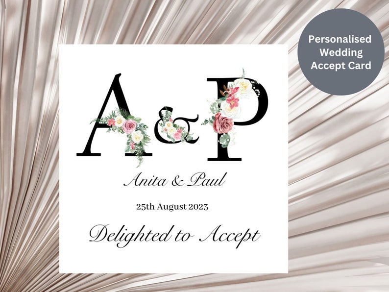 Personalised Pink & White Flower Wedding Initials Wedding Acceptance Card Elegant Bride and Groom Initials Wedding Acceptance image 1