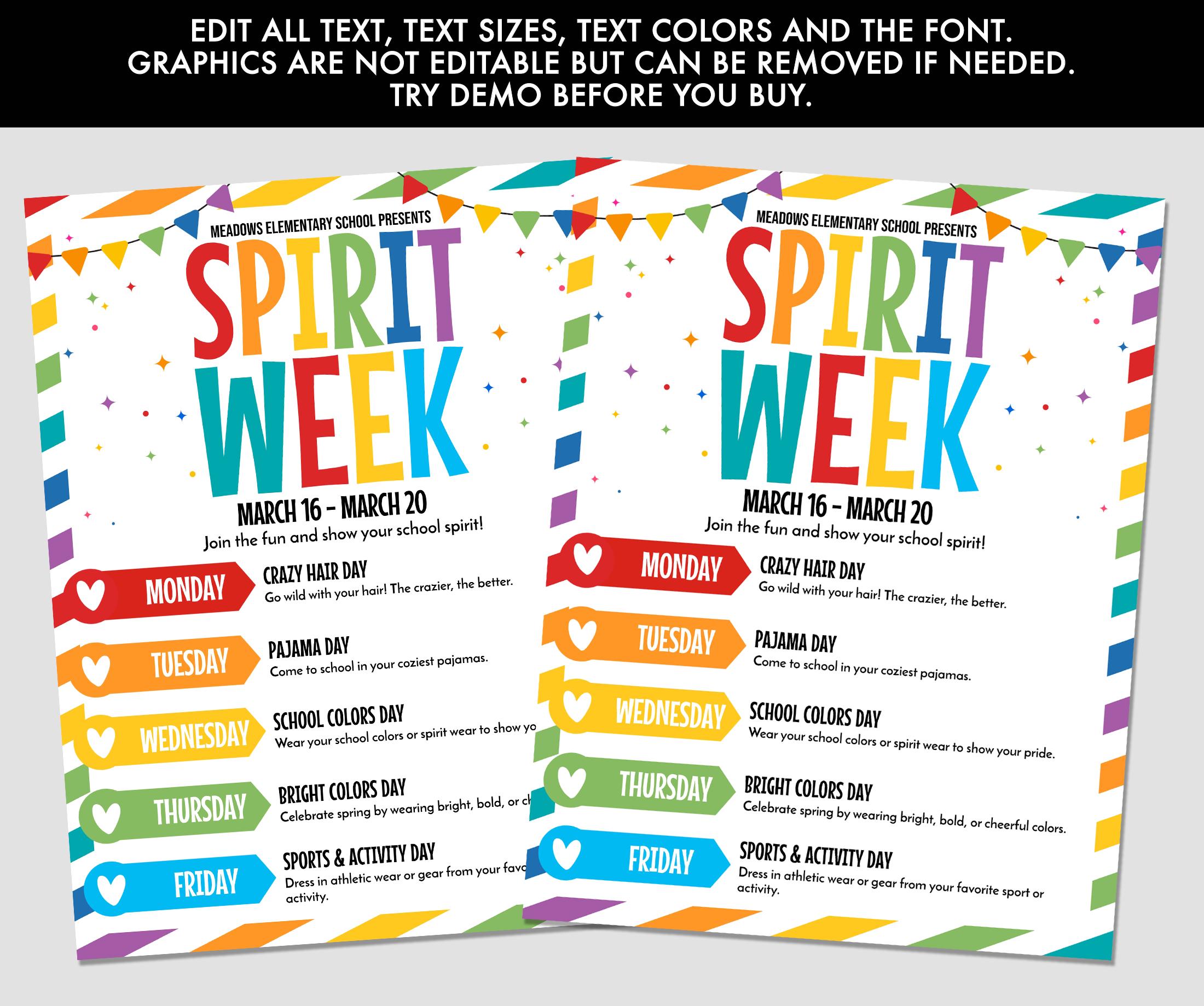 Spring Spirit Week Examples Spring Spirit Week Flyer | School Dress-up Days (editable in Corjl) - Etsy