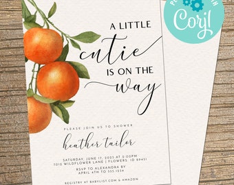 EDITABLE, INSTANT DOWNLOAD Little Cutie Baby Shower, Gender Neutral Baby Shower Invitation, Orange Clementine Citrus Editable Invite