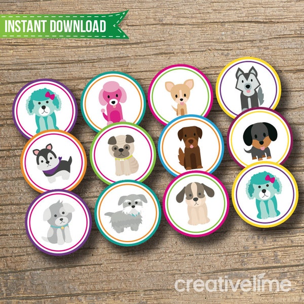 Printable Puppy Cupcake Toppers - Instant Download, Favor Bag Tags, Puppy Party, Cupcake Toppers - DIY Printable 12 Circles on 8.5 X 11