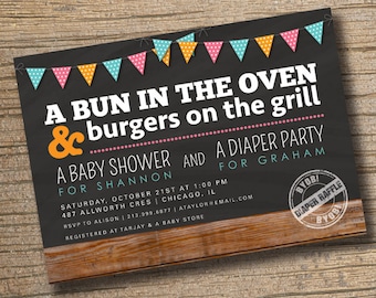 Couples Baby Shower Invitation, Co-ed Baby Shower Invite, Diaper Party, Bun in the Oven, BBQ Baby Shower, Wood Bunting Invitation, Modern