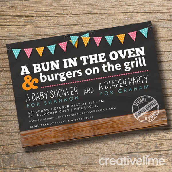 Couples Baby Shower Invitation, Co-ed Baby Shower Invite, Diaper Party, Bun in the Oven, BBQ Baby Shower, Wood Bunting Invitation, Modern