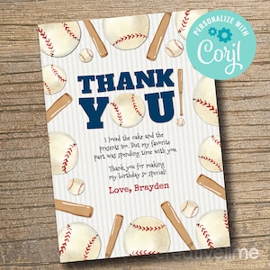 EDITABLE, INSTANT DOWNLOAD Baseball Birthday Party Thank You Card, Baseball Party, Baseball Thanks, Sport Birthday, Sports Party, Any Age