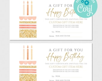 EDITIERBARER, SOFORTIGER DOWNLOAD Geburtstagsgeschenkgutschein-Vorlage, anpassbarer Geschenkgutschein druckbar Personalisieren mit Corjl, Geburtstag