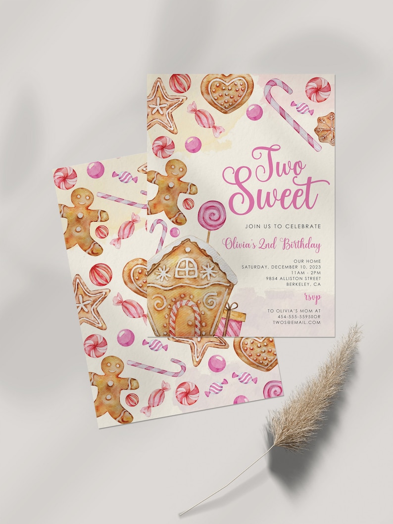 May include: A pink and white invitation with a gingerbread house, candy canes, and gingerbread men. The text reads "Two Sweet" and "Join us to celebrate Olivia's 2nd Birthday".
