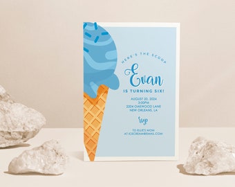 May include: A light blue birthday invitation featuring an ice cream cone illustration. The invitation reads "Here's the Scoop, Evan is turning six!" with event details. The design includes a blue ice cream scoop with sprinkles.