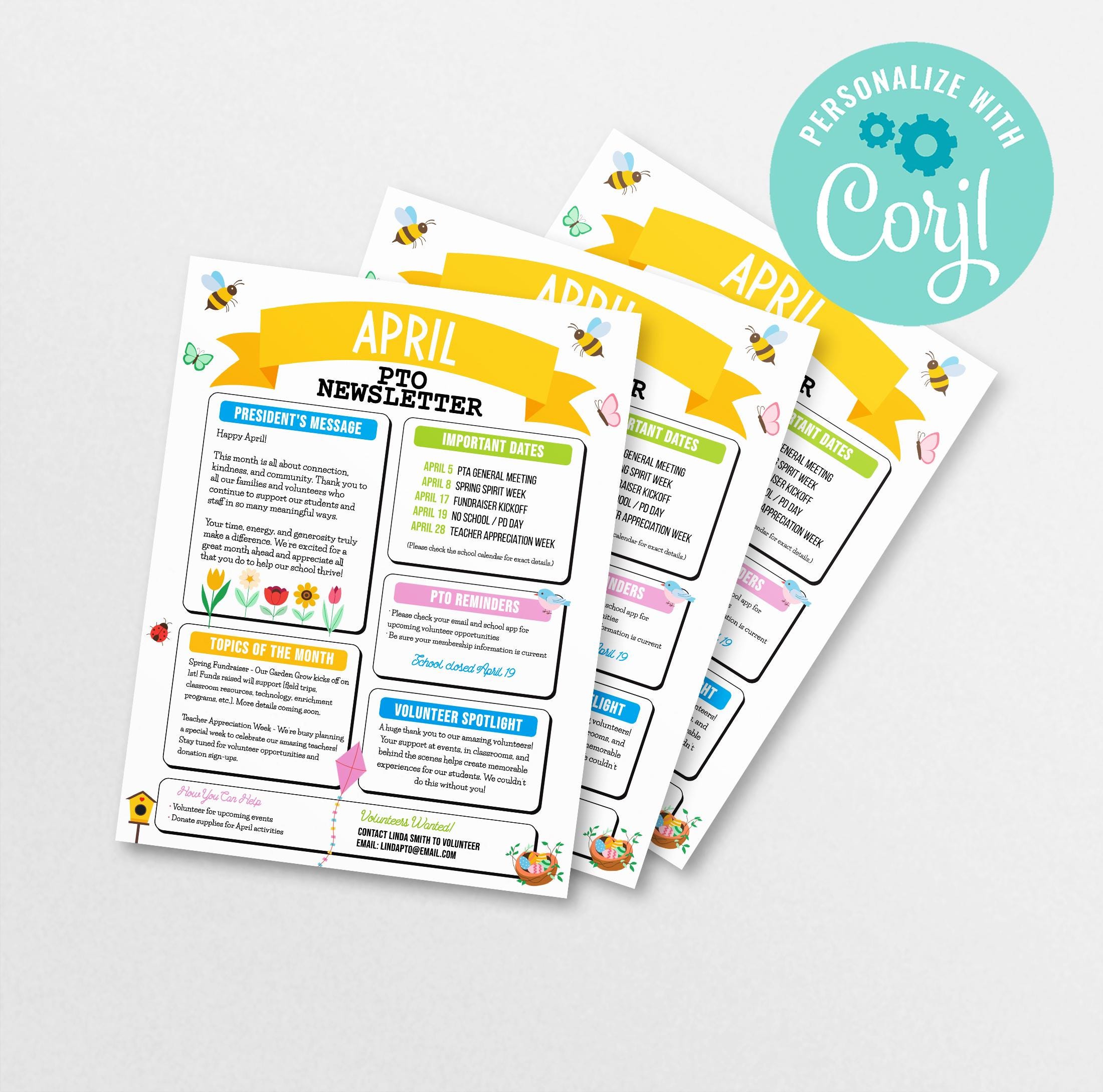 April PTO Newsletter Template, Spring Theme Editable Flyer (corjl) - Etsy