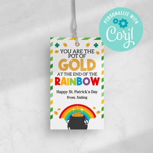 Etiqueta de regalo del Día de San Patricio: Olla de oro arcoíris para niños, niñas, aula, escuela, olla de oro, fin del arcoíris, descarga instantánea editable