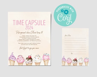 Ice Cream Birthday Time Capsule Card & Sign: Editable Party Template (Digital Download)