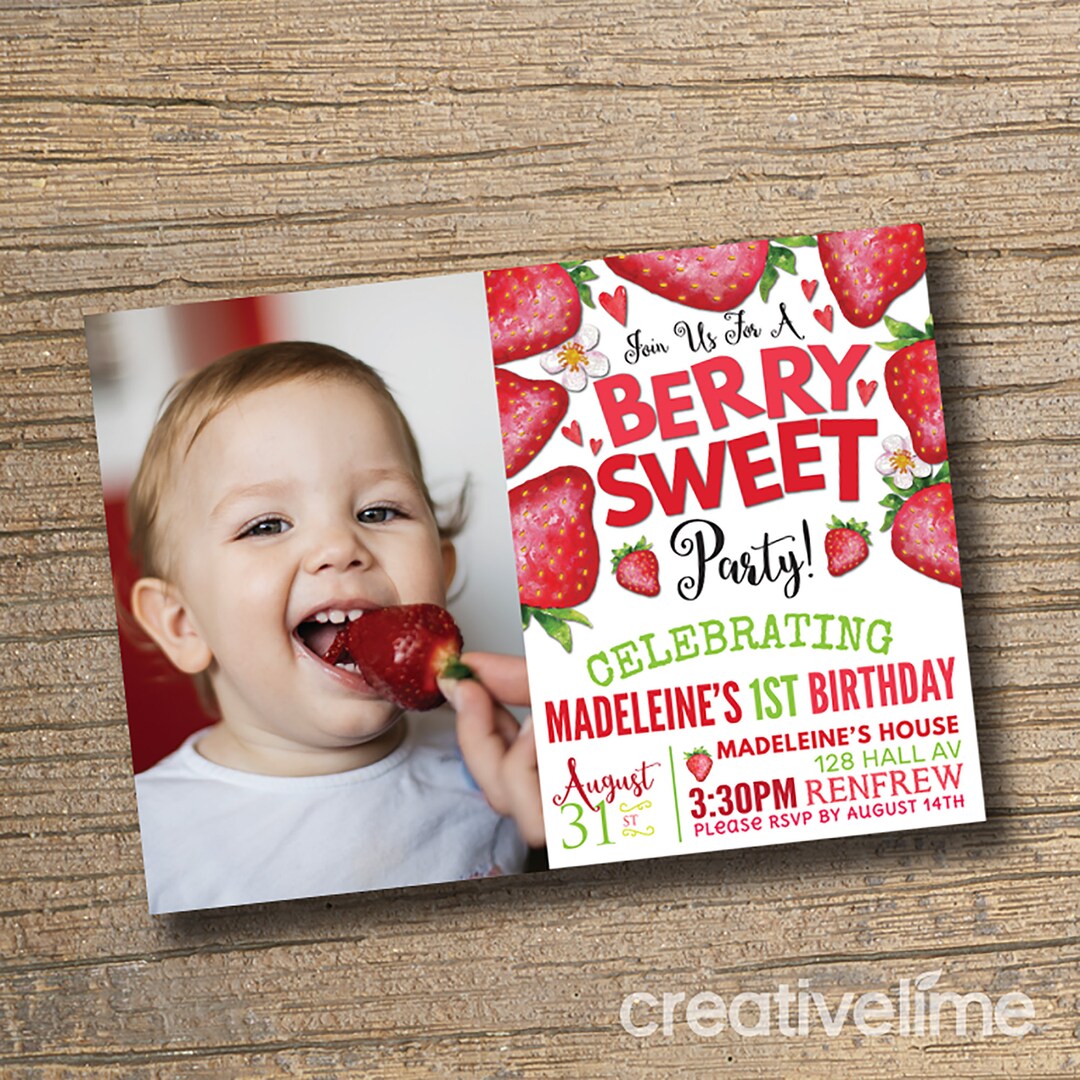 PRINTABLE Strawberry Party Invitation, Berry Sweet Birthday Invitations