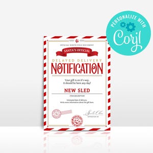 Biglietto di consegna regalo ritardata: notifica ufficiale di Babbo Natale (modello Corjl modificabile)
