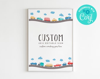 Puede incluir: Un letrero editable enmarcado de 8x10 con fondo blanco. El letrero presenta una carretera con coches de dibujos animados de colores y nubes azules. La palabra "CUSTOM" está en la parte superior, con el texto "custom wording goes here" debajo.
