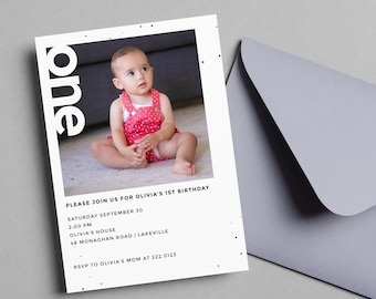 Modern Black & White 1st Birthday Invitation (Digital Download)