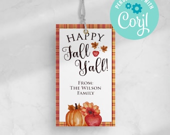 Happy Fall Y'all-cadeaulabel: herfstpompoen-appelsnoepjes (bewerkbaar, direct downloaden)