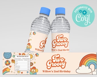 Two Groovy Birthday Water Bottle Labels: Retro Hippie Party (Editable, Instant Download)
